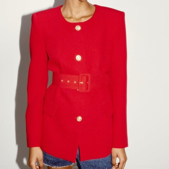 ZARA NEW WOMAN LONG BLAZER WITH LINED MATCHING BELT DRESS RED 2382/940 S - Picture 2 of 9